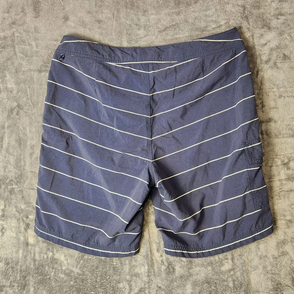J. Crew Men Board Shorts Swim Trunks Navy Blue White Striped Cargo Pocket‎